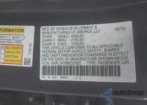 2024 Honda Civic Ex-L from USA, damaged, VIN 19XFL1H70RE027602